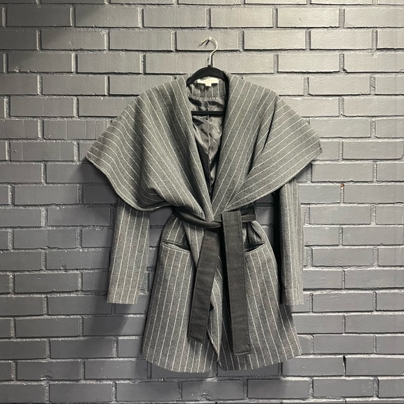 lovestitch Jackets & Blazers - LOVESTICH Gray Striped Wool Wrap Statement Coat Satin Lined M